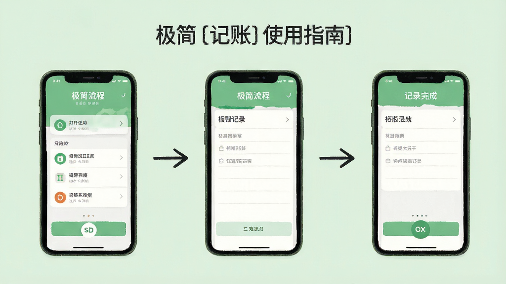 极简记账使用指南图示,手机上展示记账流程,从打开应用到记录完成,用箭头指示,背景为浅绿色,整体风格清新,无多余元素,画质干净,无多余元素