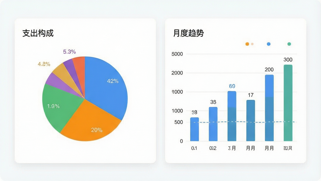 极简记账统计报表页面,展示彩色饼图和柱状图,图中标注“支出构成”和“月度趋势”,背景为白色卡片风格,图表数据清晰易读,整体视觉专业,无多余元素,画质干净,无多余元素