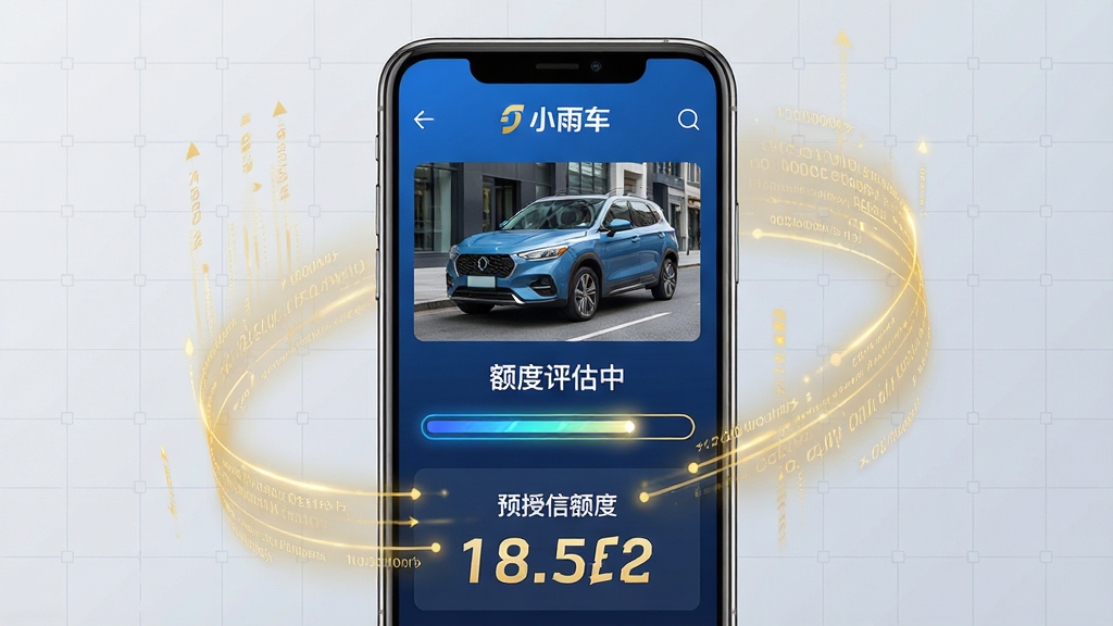 主体:智能手机屏幕展示“小雨车”智能评估页面,页面内有车辆照片、评估进度条和预授信额度数字。布局:手机居中,背景为浅灰色科技感网格,手机周围有金色数据流环绕,象征智能计算。排版:手机屏幕内容清晰可见,顶部有“小雨车”标识,中间显示车辆图片和“额度评估中”字样,下方显示评估结果。风格:科技金融风,简约现代,蓝色与金色配色。细节:评估进度条带有动态光效,车辆图片清晰可辨,数字字体醒目。画质:高分辨率,画面干净,无多余元素。