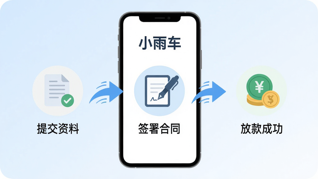 主体:一部手机展示“小雨车”贷款申请流程,屏幕上有“提交资料”、“签署合同”、“放款成功”三个步骤图标。布局:手机位于画面中央,背景为淡蓝色与白色渐变,三个步骤图标呈横向排列,并有箭头连接。排版:图标下方有简短文字说明,顶部有“小雨车”品牌字样,整体布局清晰。风格:扁平化插画风,色彩温和,背景简洁。细节:每个图标都配有形象的小图标,如文档、笔、金币,箭头带有动感。画质:画面干净,色彩协调,无多余元素。