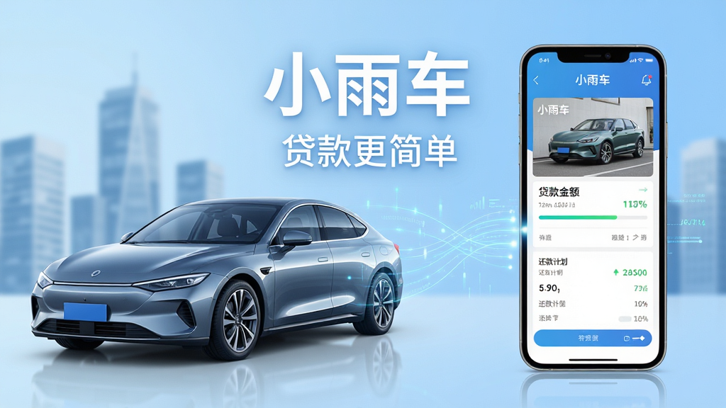 主体:一辆现代汽车与手机屏幕中的贷款界面相结合,手机屏幕显示“小雨车”应用主界面,包含车辆图片、贷款金额、还款计划等元素。布局:汽车位于画面左侧,手机位于右侧,二者通过光线和数据流连接,背景为淡蓝色渐变,象征金融科技与便捷服务。排版:画面中心突出手机应用界面,上方有“小雨车”字样,下方有“贷款更简单”标语,整体排版均衡,主体鲜明。风格:现代科技感,扁平化设计,色彩明快,干净整洁。细节:手机屏幕中显示清晰的进度条和数字,汽车反光效果自然,背景有模糊的商务楼宇轮廓。画质:高清渲染,细腻光影,干净无多余元素,适合应用商店宣传图。