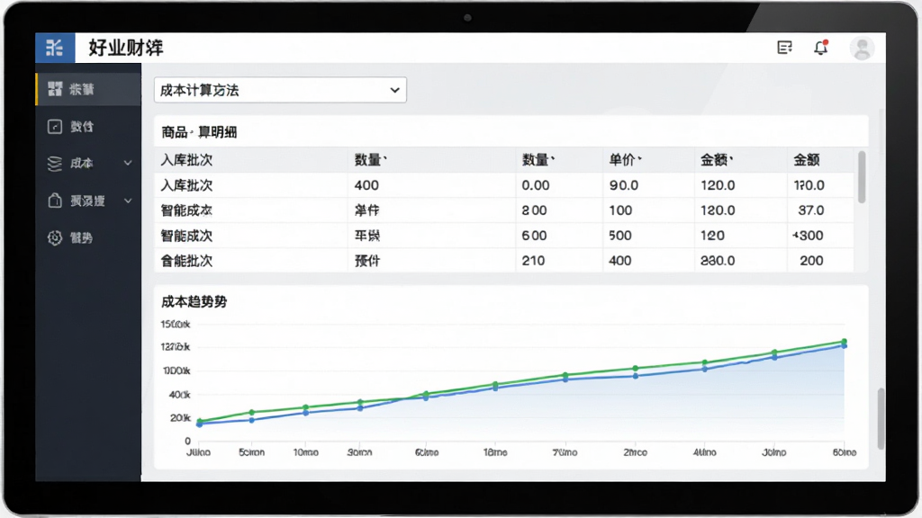 好业财软件智能成本核算界面预览,屏幕中心显示商品成本明细表,包含入库批次、数量、单价、金额等列,顶部为成本计算方法选择下拉框,下方为成本趋势折线图,整体界面简洁清爽,背景为浅灰色,突出数据表格,商务风格,画质清晰,无多余元素