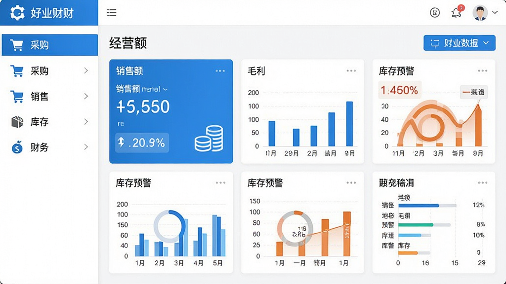 一张展示好业财软件主界面的高清截图,界面左侧为功能导航栏,包含采购、销售、库存、财务等模块图标,中央区域为经营数据看板,显示销售额、毛利、库存预警等图表,整体风格简洁商务,蓝白配色,布局清晰,排版规整,画面干净,无多余元素,高画质