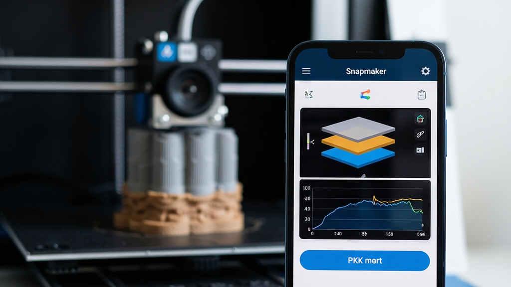主体:一部正在运行的Snapmaker 3D打印机,旁边放着一部显示着打印进度界面的智能手机,手机屏幕中清晰显示“Snapmaker”字样和3D模型预览。布局:手机屏幕特写居中偏右,打印机作为背景环境虚化,整体视觉重心在手机界面。排版:手机界面展示模型图层、温度曲线和打印按钮,界面元素排列清晰。风格:科技感、明亮、干净,透出专业与可靠的氛围。细节:打印机打印头正在工作,模型底部纹理清晰可见,手机界面色彩鲜明,图标精致。画质:4K超清,细节丰富,干净,无多余元素。