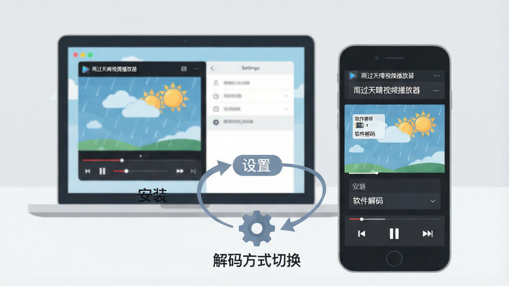 主体:一部智能手机与一台笔记本电脑并排放置,屏幕上均显示雨过天晴视频播放器的播放界面与设置菜单;布局:手机处于前景偏右,电脑在左侧背景,中间用弯曲的箭头连接“安装”与“设置”两个流程点,下方有齿轮图标与“解码方式切换”文字;风格:清爽的扁平化插画风格,背景为浅灰色,突出功能引导;细节:播放器界面显示“雨过天晴视频播放器”及“软件解码”选项,画面干净利落,色彩柔和,无多余元素。