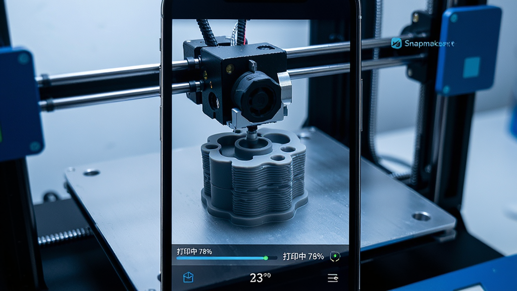 主体:手机上显示Snapmaker打印监控画面,画面中呈现3D打印机内部的实时视频,打印机正在打印一个复杂的机械零件。布局:手机屏幕居中,视频画面清晰,屏幕下方有打印进度条和温度数据。排版:监控画面右上角有“Snapmaker”小字标识,下方状态栏显示“打印中 78%”。风格:写实监控风格,色调偏冷,突出科技感与专注感。细节:打印机的挤出机、热床、模型层纹清晰可见,画面无噪点。画质:高清流畅,干净,无多余元素。
