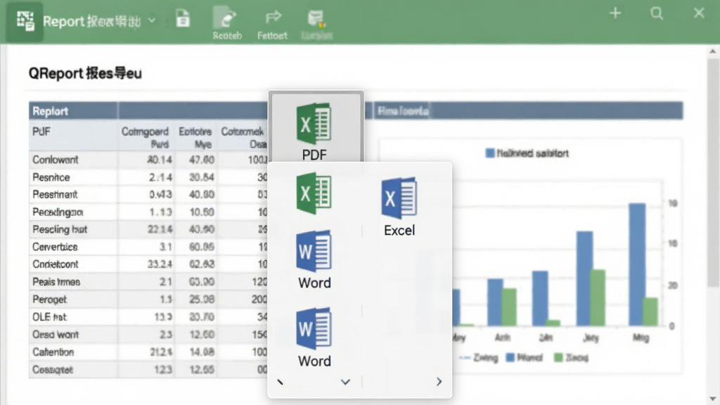 QReport报表导出菜单展开截图,显示PDF、Excel、Word等导出选项图标,背景为报表预览界面,展示一张带数据表格与统计图的报表,整体色调清新,布局整洁,画质清晰,无多余元素