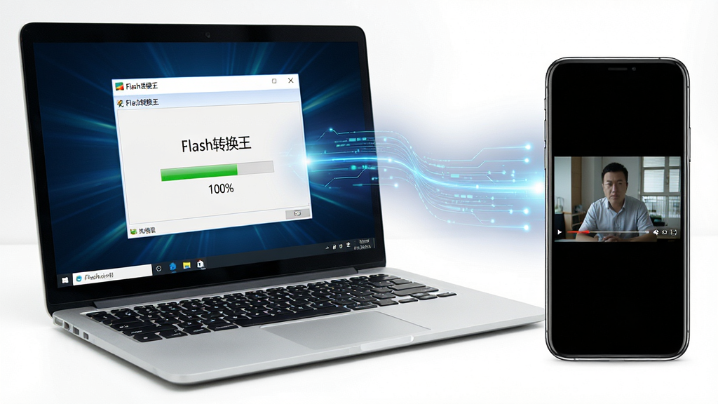 主体:一台笔记本电脑旁边放置手机,屏幕中同时显示Flash转换王软件转换完成的视频正在播放,画面中呈现软件名称