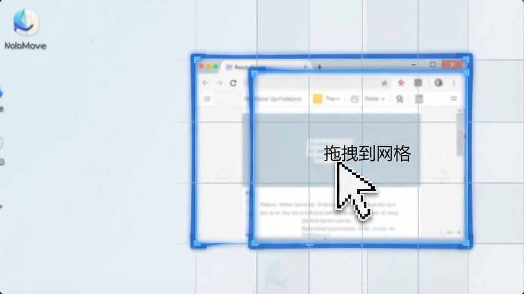 GridMove窗口吸附操作示意图,主体为鼠标拖拽一个浏览器窗口到屏幕右侧的网格区域,窗口边缘显示蓝色高亮吸附边框,周围有半透明的网格格线,背景为干净的桌面壁纸,布局清晰,排版直观,风格扁平化,细节包括鼠标指针样式和网格透明度,画质高清,无多余元素,文字标注