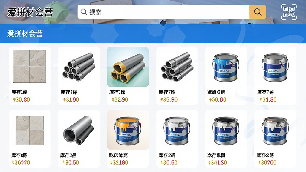 展示“爱拼材会营”软件中商品列表界面的图片,画面包含多种建材图标,如瓷砖、管材、油漆桶,每个商品下方显示库存数字,界面顶部有搜索栏和扫码图标,采用现代商务风格,色彩鲜明,细节丰富,画质高清,干净,无多余元素。