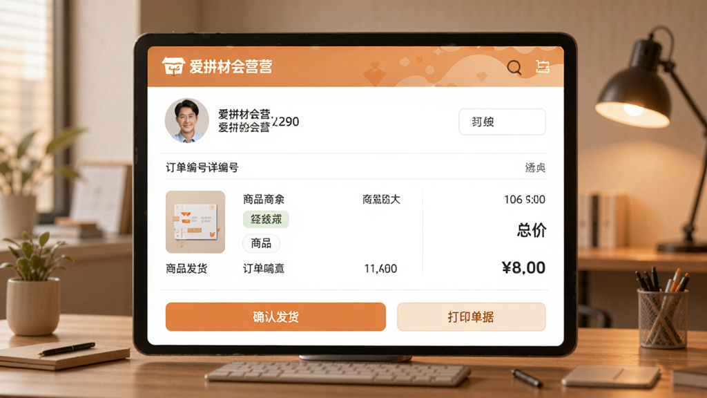 一幅展示“爱拼材会营”订单详情页的图片,界面显示客户头像、订单编号、商品清单和总价,下方有“确认发货”和“打印单据”按钮,背景为室内办公场景,画面采用暖色调,风格写实清晰,画质高清,干净。