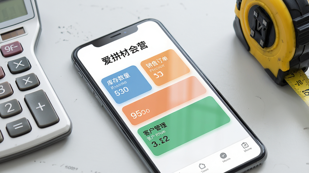 一张展示智能手机屏幕的图片,屏幕中清晰显示“爱拼材会营”主界面,包含库存数量、销售订单和客户管理三大模块卡片,背景为浅灰色办公桌面,旁边放有计算器和卷尺,整体风格简洁明亮,采用扁平化设计,画质高清,干净,无多余元素。