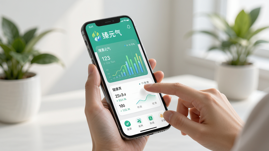 一张显示“臻元气”App在手机上的使用场景图,手机屏幕上显示着健康数据图表,用户手指正触摸屏幕,背景是简洁的室内环境,有绿色植物,光线柔和,画面干净清晰,突出“臻元气”Logo,构图自然,画质高清。