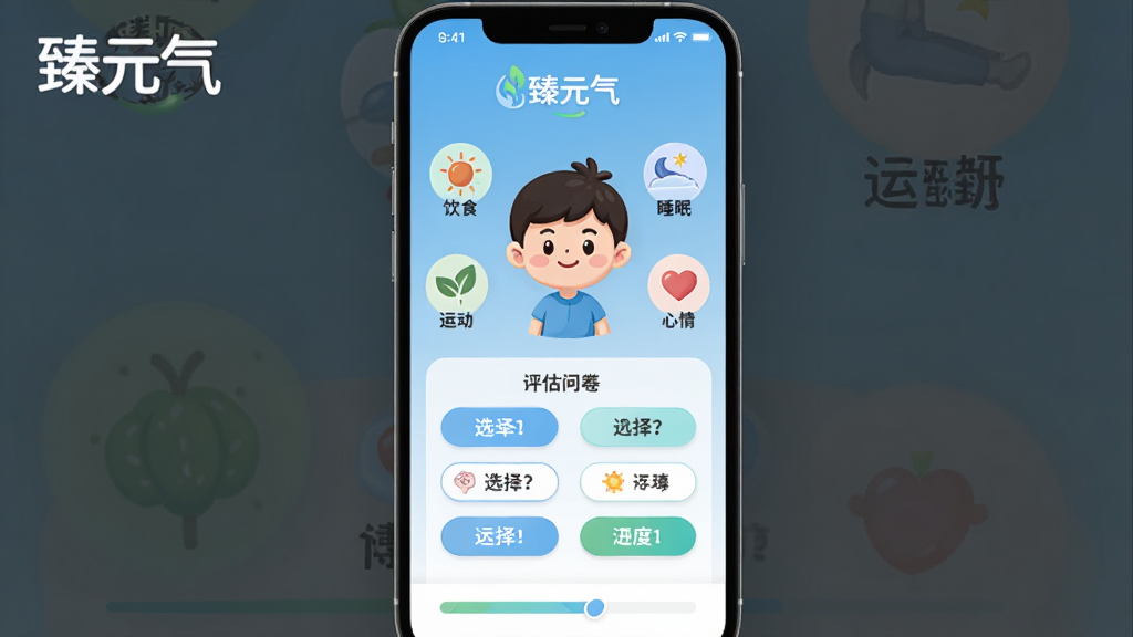 展示“臻元气”App的体质评估问卷页面,背景为浅蓝色渐变,中央有一个卡通人物形象,旁边环绕着饮食、睡眠、运动、心情等小图标,下方是选择题选项按钮,页面底部有进度条,整体风格友好卡通,界面整洁,画质高清,突出“臻元气”Logo在左上角。
