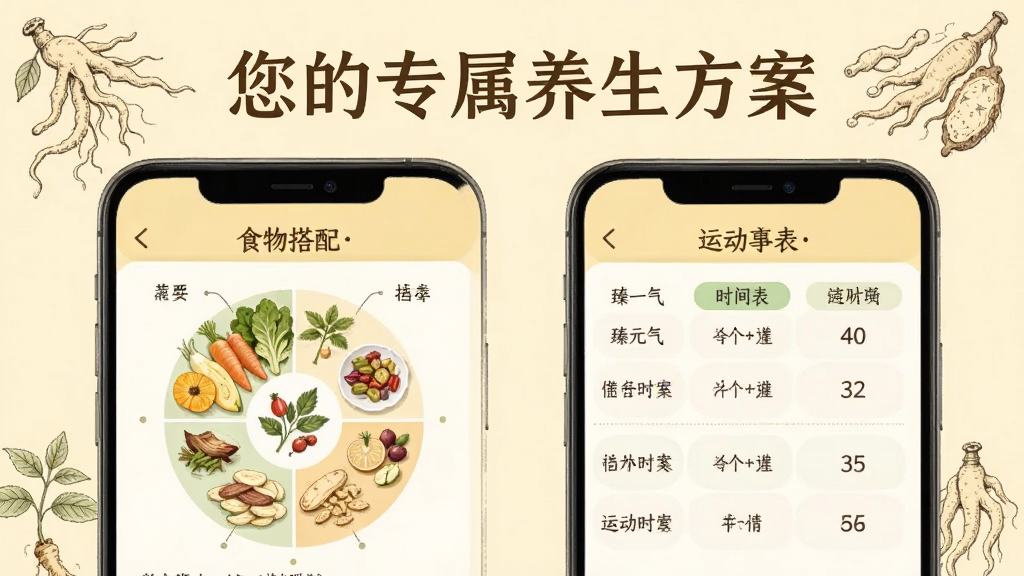 展示“臻元气”App养生方案详情页,页面以淡黄色为主,左侧为食物营养搭配图,右侧为运动时间表,顶部用大字号写着“您的专属养生方案”,背景点缀着中草药植物简笔画,风格温馨简洁,画质细腻,无杂乱元素。