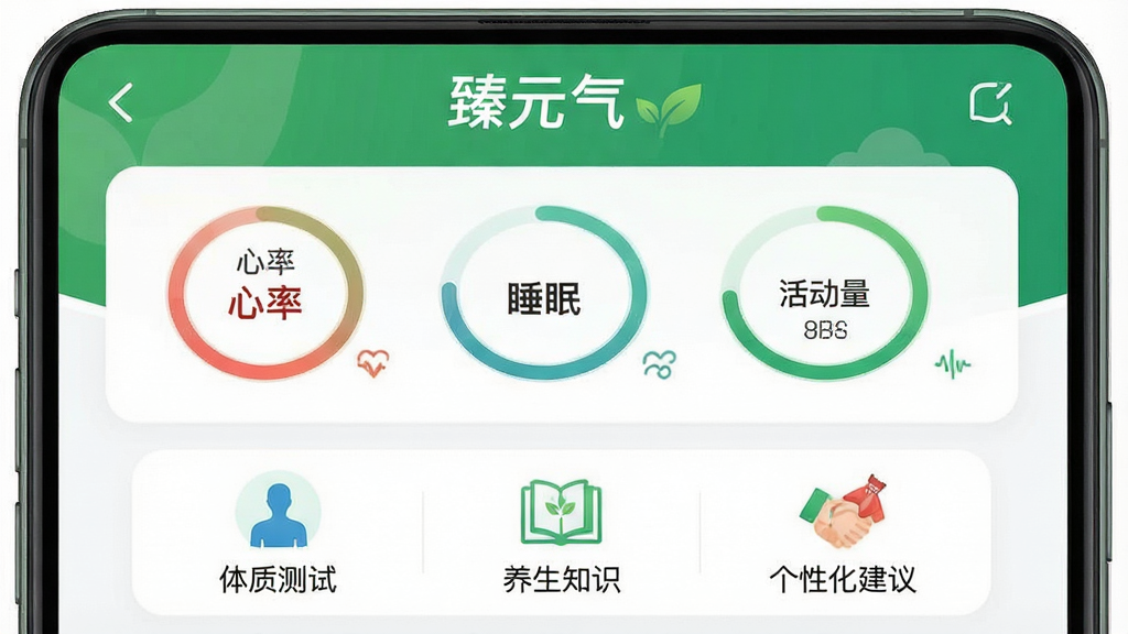 一张展示臻元气App主界面的高清截图,界面以绿色和白色为主色调,顶部显示“臻元气”品牌字样,中部为健康数据仪表盘,包含心率、睡眠、活动量等圆形进度环,下方排列着“体质测试”、“养生知识”、“个性化建议”等图标按钮,布局简洁清晰,风格现代清新,画质细腻干净,无多余元素。