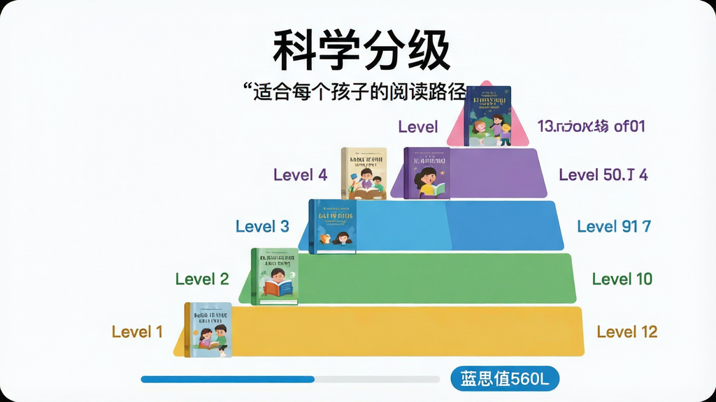 主体:口袋领航阅读APP的分级阅读界面,展示不同颜色级别的书本金字塔。布局:界面居中,金字塔从左下到右上递进,旁边有“Level 1”到“Level 12”标识。排版:金字塔上方有“科学分级”文字标题,下方有“适合每个孩子的阅读路径”标语。风格:现代扁平化设计,配色清新明快。细节:每个级别的书本封面略有不同,底部有进度条和推荐书目标签,高光显示“蓝思值560L”。画质:高分辨率,干净,无多余元素