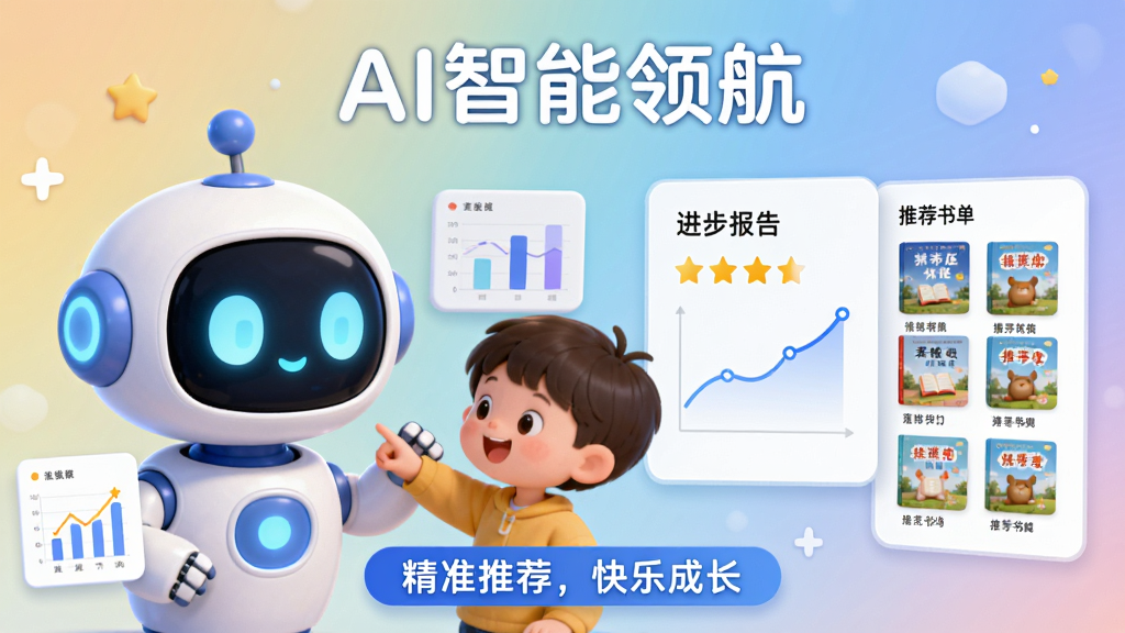 主体:AI助手卡通形象与孩子互动的场景,旁边有数据图表和书籍推荐卡片。布局:左侧展示AI机器人头像,右侧弹出阅读报告和推荐书单,背景为柔和渐变色。排版:上方有“AI智能领航”文字,下方有“精准推荐,快乐成长”标语。风格:科技感与童趣结合,圆润线条。细节:AI机器人眼睛发光,报告显示星星评分和进步曲线,推荐书目封面清晰可见。画质:高清,干净,无多余元素