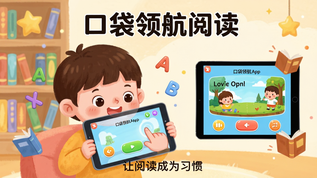 主体:一位可爱的儿童正拿着平板电脑,屏幕显示口袋领航阅读APP的绘本阅读界面,背景有书架和星星装饰。布局:儿童位于画面中央偏左,右侧留白展示APP界面,整体横向构图。排版:上方有“口袋领航阅读”字样,下方有“让阅读成为习惯”文字。风格:明亮卡通插画风,色彩鲜艳柔和。细节:孩子面带微笑,手指点触屏幕,APP界面显示彩色绘本和互动按钮,周围有漂浮的字母和书本元素。画质:高清,干净,无多余元素