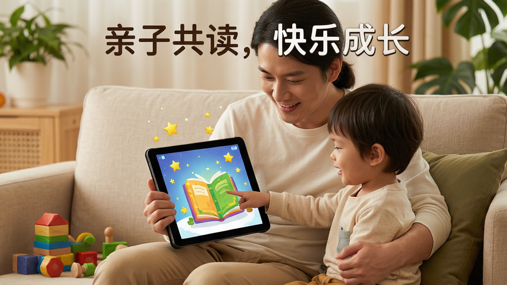 主体:家长和孩子一起坐在沙发上使用平板阅读口袋领航阅读APP的场景。布局:沙发位于画面中央,家长在左,孩子在右,共同手持平板,画面温馨。排版:上方有“亲子共读,快乐成长”文字。风格:写实温馨生活风,暖色调。细节:孩子指着屏幕上的绘本插画,家长微笑点头,屏幕上有彩色书本和星星效果,周围有玩具和绿植。画质:高分辨率,干净,无多余元素