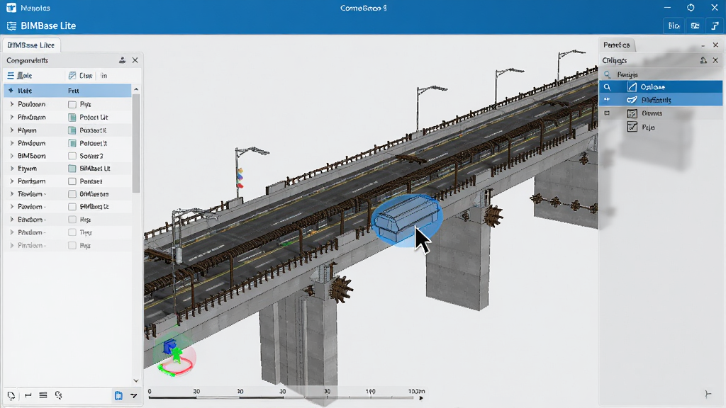 主体:BIMBase Lite软件中一个高架桥BIM模型正在被流畅旋转查看,画面右侧有半透明的图层面板。布局:模型占据画面中央,左侧显示构件属性列表,底部有缩放比例尺。排版:界面字体清晰,按钮图标为简洁线性风格。风格:科技蓝为主色调,带有浅灰色背景。细节:模型显示精细的钢筋和预埋件,光标悬停在一个构件上高亮显示。画质:超高清,色彩准确,画面干净无杂质。