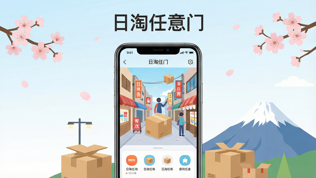 一幅展示“日淘任意门”品牌形象的现代科技感宣传图,主体为智能手机屏幕界面,屏幕内显示日本购物街景与包裹元素,界面风格清新明亮,布局以手机为中心,四周点缀樱花、富士山、纸箱等日式元素,排版采用居中对称构图,背景为渐变的淡蓝色到白色,整体风格扁平化设计,细节包括清晰的APP界面线条与图标,画质高清干净,无多余杂物,文字标识“日淘任意门”置于图片顶部居中。