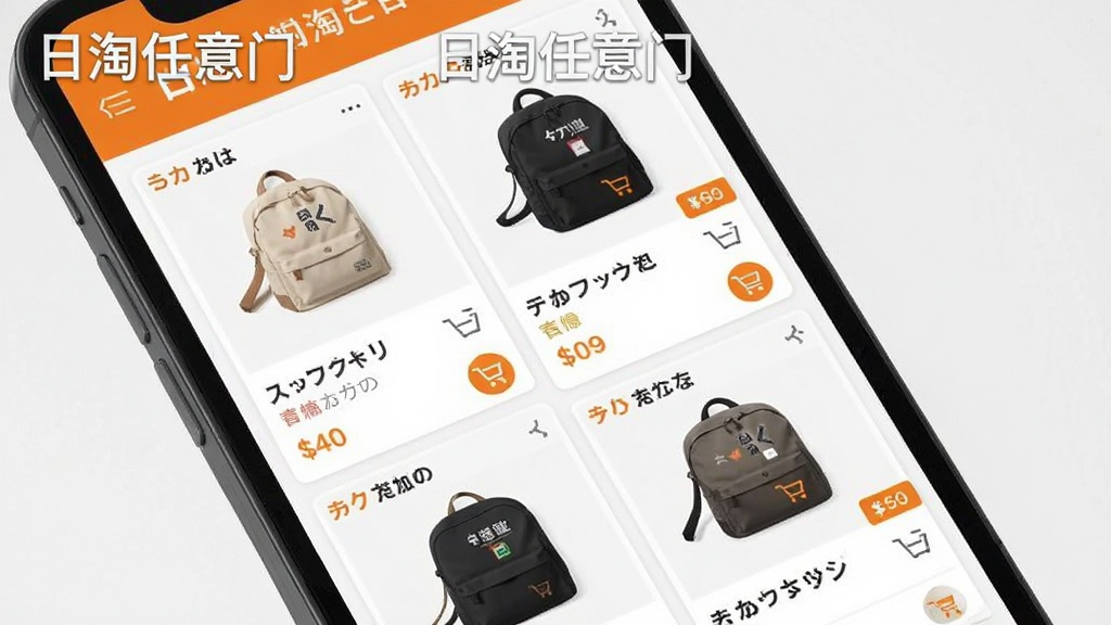 展示“日淘任意门”应用内部功能界面的预览图,主体为手机屏幕特写,屏幕中显示多个日本购物网站的商品列表,布局为瀑布流形式,排版整洁,风格为现代UI设计,以白色背景搭配橙色强调色,细节包括商品图片、价格标签、购物车图标,画质清晰,无多余元素,屏幕上方有“日淘任意门”字样水印。