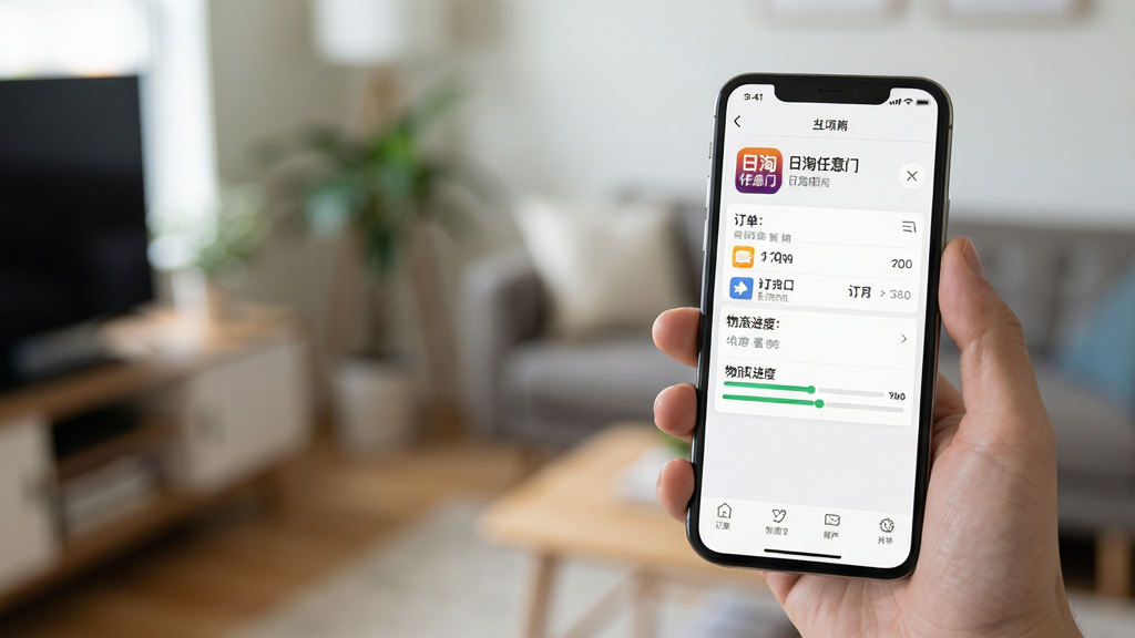 一张关于“日淘任意门”手机应用使用场景的图片,主体为一只手持着智能手机,屏幕显示应用主界面,背景是模糊的室内环境,布局为右侧构图,突出手机屏幕,排版留白较多,风格为写实生活摄影,光线自然,细节包括屏幕上的订单列表、物流进度条,画质清晰干净,无多余文字,屏幕上有“日淘任意门”应用图标。