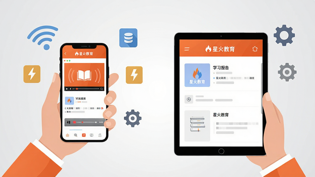 以“星火教育”移动端使用场景为主题,画面展示一双手分别拿着手机与平板电脑,手机屏幕显示课程播放界面,平板电脑显示学习报告界面,周围漂浮着Wi-Fi信号、缓存图标、设置齿轮等小元素,背景为浅灰色渐变,布局为左右对称,排版清晰,风格为扁平化插画,细节处有“星火教育”名称,画质干净整洁,无多余元素。