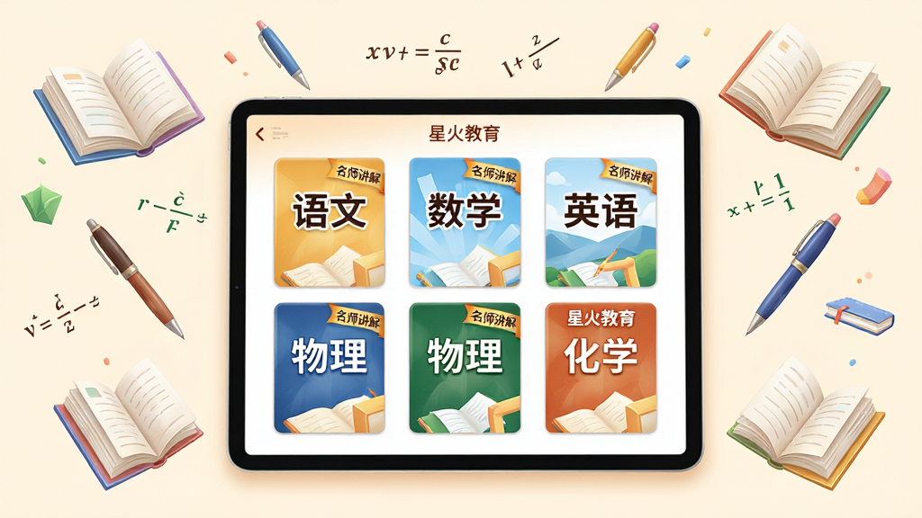 以“星火教育”全科精品课程为视觉主题,画面主体为摊开的平板电脑,屏幕内整齐排列着语文、数学、英语、物理、化学等科目的课程封面缩略图,每个封面标有“名师讲解”标签,平板周围漂浮着书本、笔、公式符号等学习元素,布局为对称居中构图,排版清晰有序,风格为写实与插画结合,色调明快,细节包含“星火教育”字样,画质细腻柔和,干净无多余元素。