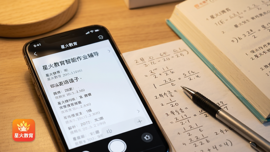 以“星火教育”智能作业辅导为画面主题,近景展示一部手机,手机屏幕显示拍照搜题的结果界面,清晰展示题目与逐步解析,手机旁边放置一张写满算式的草稿纸和一支笔,背景为温馨的书桌一角,画面布局为左侧手机右侧书本的斜对角构图,风格写实,光线柔和,细节处有“星火教育”应用图标,画质清晰干净,无多余杂乱元素。