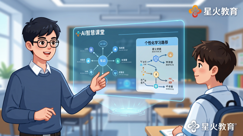 图片以“星火教育”AI智慧课堂功能为主题,画面中心为一块悬浮的全息投影屏幕,屏幕展示知识图谱与个性化学习路径推荐,左侧站立一位戴眼镜的年轻男老师形象,正用手势指向屏幕讲解,右侧为学生模样的少年认真倾听,背景为模糊的现代化智慧教室,布局为左右互动结构,排版疏密有致,风格为科技感插画,细节处有“星火教育”LOGO水印,画质清晰明亮,干净无多余元素。