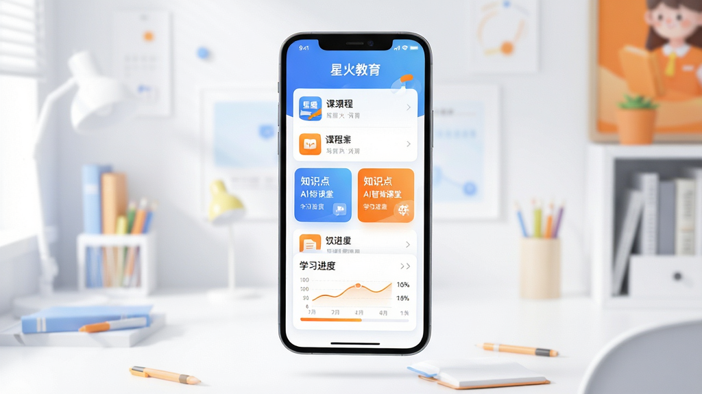 主体为“星火教育”应用程序的界面宣传展示图,模拟手机竖屏界面悬浮于简洁明亮的现代书桌场景上方,屏幕内显示课程列表、知识点卡片与学习进度图表,布局采用上下对称排版,主色调为蓝白渐变与活力橙色点缀,风格为扁平化结合轻微3D质感,细节包含清晰的文字标签“星火教育”与“AI智慧课堂”,画质高清通透,整体氛围积极向上,干净无多余元素。