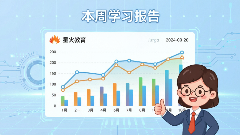 画面以“星火教育”学习报告功能为核心,主体展示一张折线图与柱状图结合的彩色学习数据报告,报告上方有“本周学习报告”标题,右下角卡通风格的教师角色竖起大拇指点赞,背景为淡蓝色的科技网格,布局采用中心突出构图,排版整洁,风格为简洁信息图风格,细节包含“星火教育”Logo与日期,画质清晰,干净无多余元素。