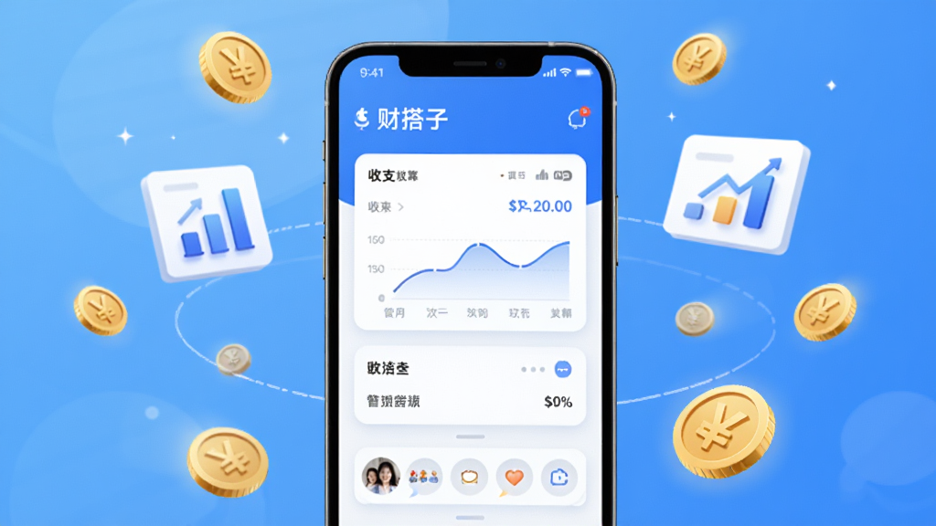 主视觉展示财搭子App在手机上的界面,屏幕上有清晰的收支图表和社交互动元素,背景为简洁的渐变蓝色,周围有金币、图表等财务符号悬浮,整体风格现代、明亮、专业,画质干净,无多余元素