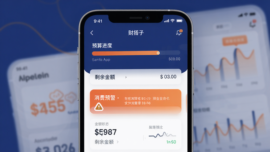 财搭子App预算规划功能预览图,界面显示预算进度条、剩余金额和消费预警提示,色彩以深蓝和橙色为主,背景柔和,有图表和数字展示,画面简洁清晰,无多余元素