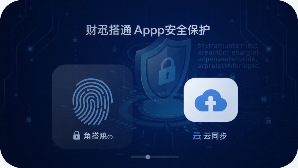 财搭子App安全保护界面预览图,展示指纹解锁和云同步标识,背景为深蓝色科技感风格,有盾牌图标和加密文字,整体氛围专业、安全,画质干净,无多余元素