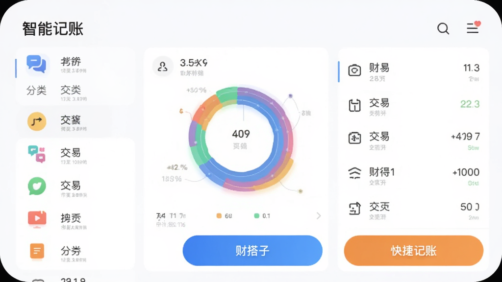 财搭子App预览图,展示智能记账界面,包含彩色环形统计图、交易列表和快捷记账按钮,界面布局清晰,左侧有分类图标,背景为浅白色,风格极简、干净,突出数据可视化效果