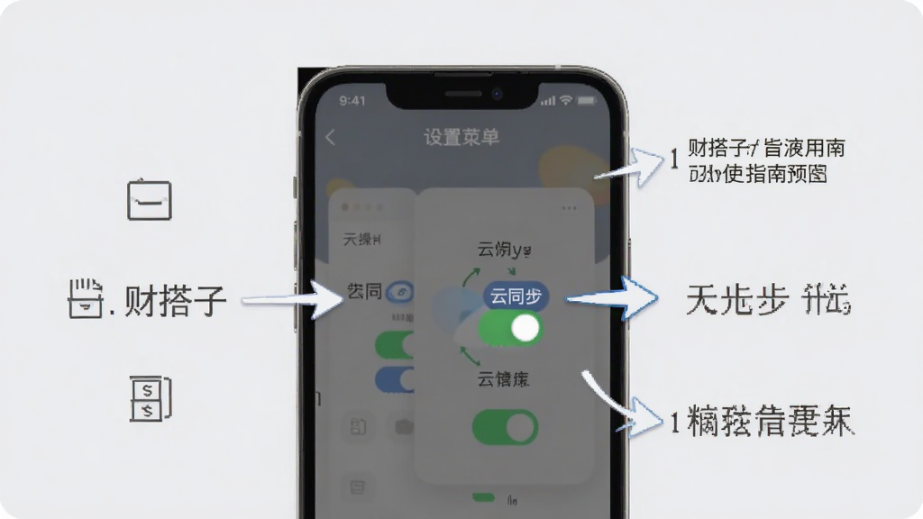 财搭子App使用指南预览图,展示手机端操作界面箭头指示,包含设置菜单和云同步开关,背景为浅灰色,有步骤说明,整体风格干净清晰,无多余元素