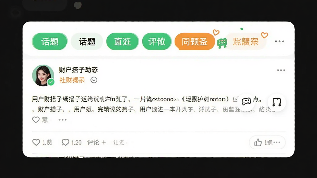 财搭子App社区界面预览图,展示用户发布的文字动态和点赞评论区域,顶部有话题标签栏,整体风格清新活泼,以白色为底,配以绿色和橙色点缀,界面干净,无多余元素