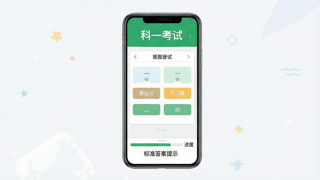 科一考试软件主界面预览图,智能手机竖屏展示,上方显示“科一考试”标题与绿色背景,中间为答题区域与选项按钮,底部有进度条与标准答案提示,配色简洁明亮,扁平化设计,干净无多余元素,高清画质