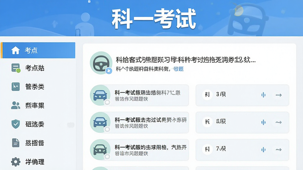 科一考试专项练习界面,展示考点分类图标与题目预览,左侧为导航栏,右侧为题目与选项,配色清新,突出学习重点,图片中带有“科一考试”标题,简洁专业,干净无多余元素,高清画质
