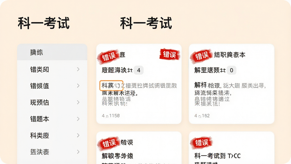 科一考试错题本界面预览,显示分类列表与题目卡片,卡片上有红色“错误”标记与解析文字,背景柔和浅色,突出错题管理功能,清晰显示“科一考试”字样,排版整齐,干净无多余元素,高清画质
