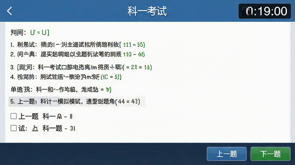 科一考试模拟考场界面截图,显示真实考试风格答题页面,内容包括判断题与单选题,右上角有倒计时,下方为“上一题”“下一题”按钮,整体风格严谨专业,清晰标注“科一考试”名称,干净无多余元素,高清画质
