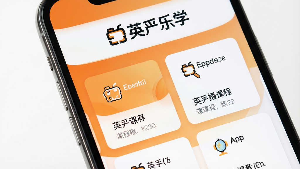 一张手机屏幕特写,屏幕中展示英孚乐学App的课程主界面,界面布局清晰,上方是“英孚乐学”品牌标识,下方以卡片形式陈列着不同级别的课程入口,背景是温暖的橙色与白色渐变,营造出专业且友好的学习氛围,画面主体突出,排版干净整洁,风格现代简约,细节处理精致,画质高清,干净无多余元素