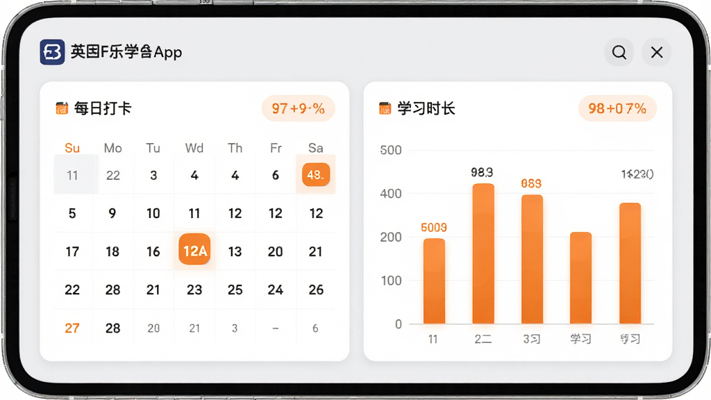 英孚乐学App学习进度统计页面,包含每日打卡日历与学习时长柱状图,界面采用卡片式设计,背景浅灰色,主体为数据面板,排版简洁清晰,配以橙色高亮数据,现代商务风格,细节精致,高清画质,干净无多余装饰
