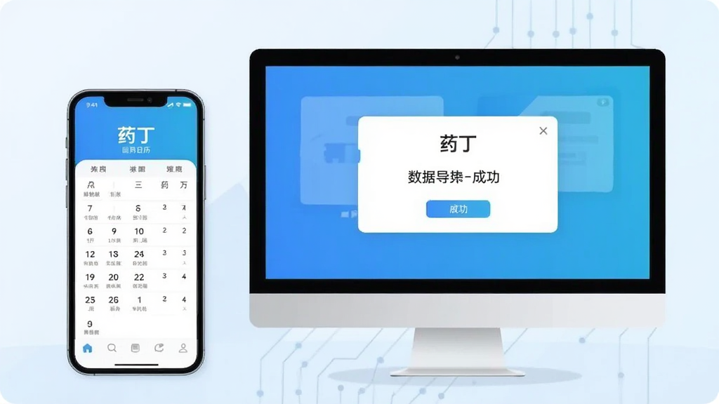 一幅手机与电脑并排展示的现代电子设备场景插图,手机屏幕显示“药丁”用药日历界面,电脑屏幕显示数据导出成功提示框,整体构图均衡,以科技蓝为基调,画质干净,突出软件名称“药丁”与预览图