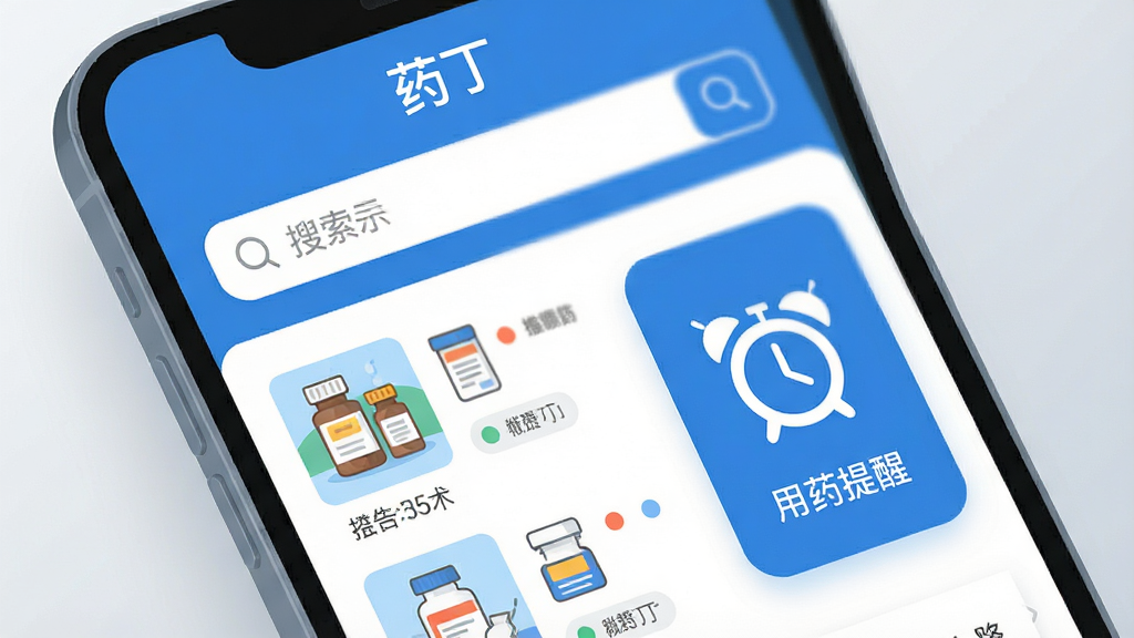 一幅展示智能手机屏幕特写的现代扁平风格插图,屏幕中显示“药丁”应用主界面,包含药品搜索框、药品列表缩略图以及醒目的用药提醒闹钟图标,整体布局干净清晰,以蓝色和白色为主色调,背景为浅灰色渐变,突出软件名称“药丁”,画面质感干净,无多余元素,高清画质