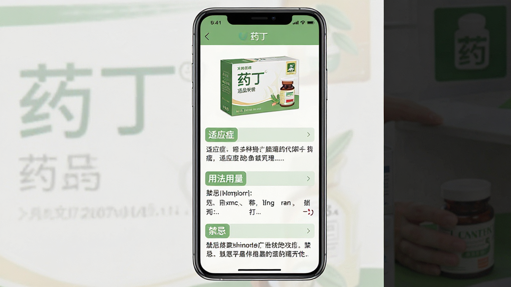一张手机屏幕截图的模拟图,屏幕中展示“药丁”药品详情页面,上方为药品包装盒图片,下方为清晰的功能分区,包括“适应症”、“用法用量”、“禁忌”等文字标签,整体排版整齐,以浅绿色和白色为主色调,风格简洁专业,画质干净,突出软件名称“药丁”与预览图字样