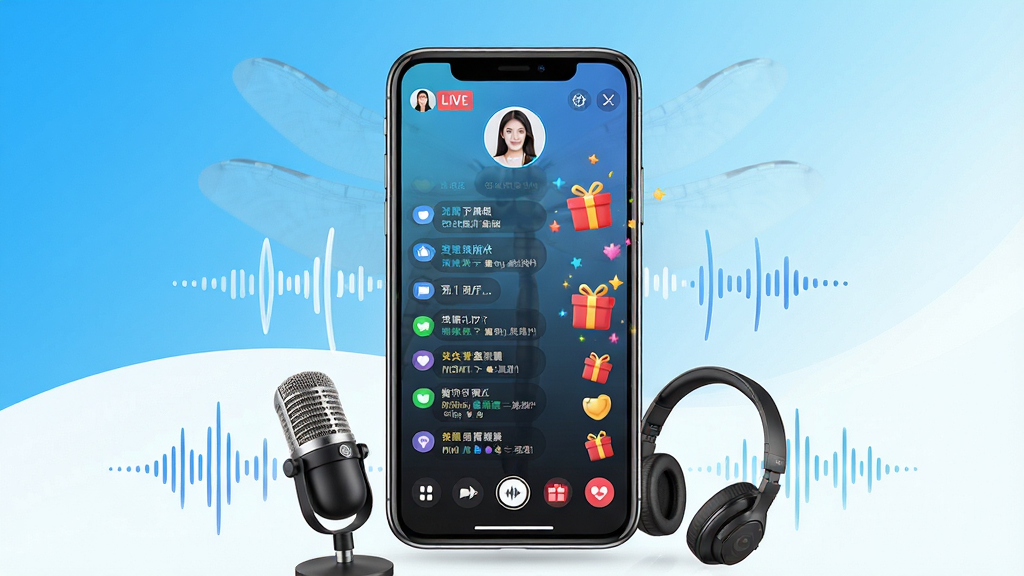 一幅展示蜻蜓主播应用核心界面的高清宣传图,画面中央是一部智能手机,屏幕显示主播直播间的实时界面,包含主播头像、互动弹幕区和礼物特效,手机下方环绕着麦克风、耳机和声波波纹元素,背景采用清新明亮的蓝白渐变色调,整体风格现代、专业,突出音频直播的即时互动感和社区氛围,画质细腻干净,无多余元素